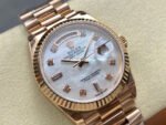 8+ Factory Counterweight Rolex Day-Date 128235-0029 36mm Full Rose Gold Diamond Mope&Baguette Diamond Mother Of Pearl Dial - Image 2