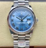 8+ Factory Counterweight Rolex Day-Date 128236-0008 36mm Full Platinum Roman Numerals Ice Blue Dial