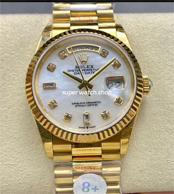 8-Factory-Counterweight-Rolex-Day-Date-128238-0011-36mm-Full-Yellow-3.jpg 8+ Factory Counterweight Rolex Day-Date 128238-0011 36mm Full Yellow Gold Diamond Mope&Baguette Diamond Mother Of Pearl Dial - Image 1