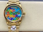 8+ Factory Counterweight Rolex Day-Date 128238-0106 36mm Full Yellow Gold Color Baguette&Puzzle Blue Dial - Image 15