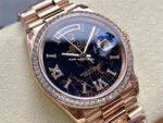 8+ Factory Counterweight Rolex Day-Date 128345RBR-0044 36mm Diamond Bezel Full Rose Gold Roman Numerals&Diamond Black Dial - Image 2
