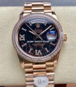 8+ Factory Counterweight Rolex Day-Date 128345RBR-0044 36mm Diamond Bezel Full Rose Gold Roman Numerals&Diamond Black Dial