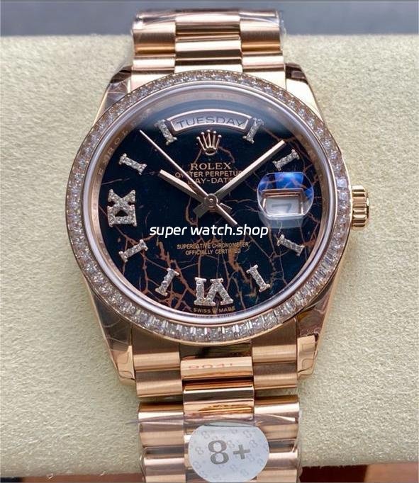 8-Factory-Counterweight-Rolex-Day-Date-128345RBR-0044-36mm-Diamond-Be-8.jpg 8+ Factory Counterweight Rolex Day-Date 128345RBR-0044 36mm Diamond Bezel Full Rose Gold Roman Numerals&Diamond Black Dial - Image 1