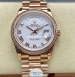 8+ Factory Counterweight Rolex Day-Date 128345RBR-0054 36mm Diamond Bezel Full Rose Gold Roman Numerals White Dial