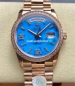 8+ Factory Counterweight Rolex Day-Date 128345RBR-0064 36mm Diamond Bezel Full Rose Gold Roman Numerals&Diamond Blue Dial