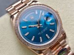 8+ Factory Counterweight Rolex Day-Date 128345RBR-0083 36mm Diamond Bezel Full Rose Gold Baguette Diamond Blue Green Dial - Image 2