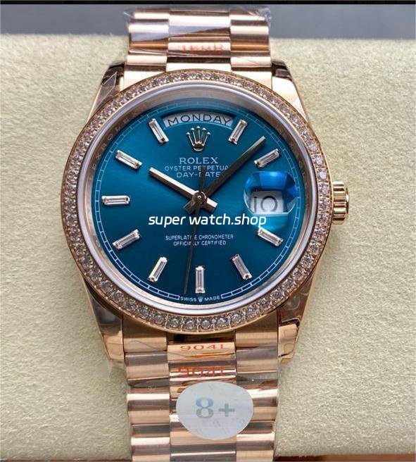 8-Factory-Counterweight-Rolex-Day-Date-128345RBR-0083-36mm-Diamond-Bez-7.jpg 8+ Factory Counterweight Rolex Day-Date 128345RBR-0083 36mm Diamond Bezel Full Rose Gold Baguette Diamond Blue Green Dial - Image 1