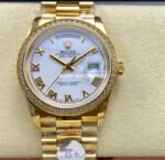 8+ Factory Counterweight Rolex Day-Date 128348RBR-0042 36mm Diamond Bezel Full Yellow Gold Roman Numerals White Dial