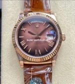 8+ Factory Counterweight Rolex Day-Date 36mm 128235-0075 Rose Gold Crocodile Leather Strap Roman Numerals Brown Ombré Dial