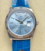8+ Factory Counterweight Rolex Day-Date 36mm 128236-0009 White Gold Crocodile Leather Strap Baguette Diamond Ice Blue Dial