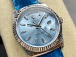 8+ Factory Counterweight Rolex Day-Date 36mm 128236-0009 White Gold Crocodile Leather Strap Baguette Diamond Ice Blue Dial - Image 2