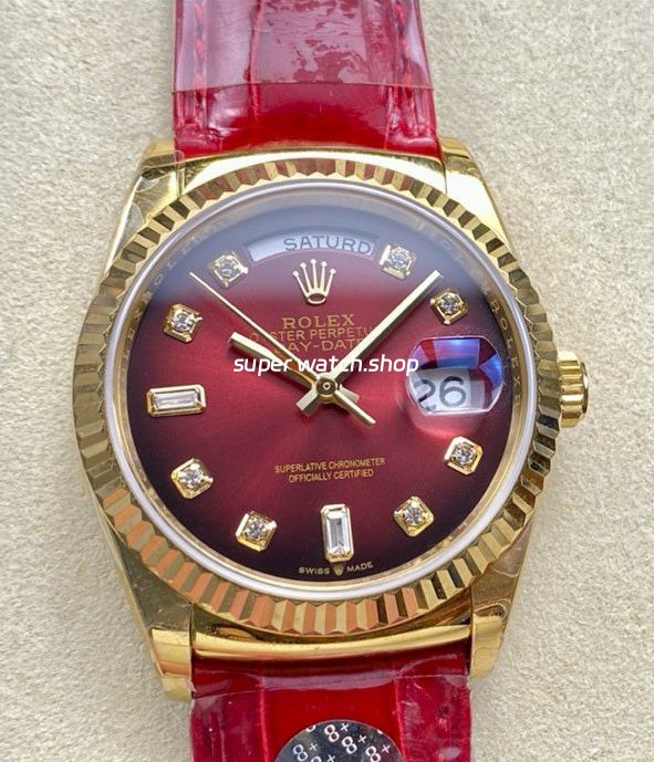 8-Factory-Counterweight-Rolex-Day-Date-36mm-128238-Yellow-Gol-1.jpg 8+ Factory Counterweight Rolex Day-Date 36mm 128238 Yellow Gold Crocodile Leather Strap Diamond Mope&Baguette Diamond Red Ombré Dial - Image 1