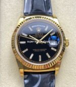 8+ Factory Counterweight Rolex Day-Date 36mm 128238 Yellow Gold Crocodile Leather Strap Baguette Diamond Black Dial