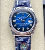 8+ Factory Counterweight Rolex Day-Date 36mm 128239-0023 White Gold Crocodile Leather Strap Diamond Mope&Baguette Diamond Blue Ombré Dial