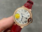 AF Factory Cartier Ballon Bleu WJBB0033 33mm Diamond Bezel Rose Gold Red Leather Strap Roman Numerals Silver Dial - Image 3