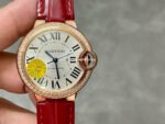 AF Factory Cartier Ballon Bleu WJBB0033 33mm Diamond Bezel Rose Gold Red Leather Strap Roman Numerals Silver Dial