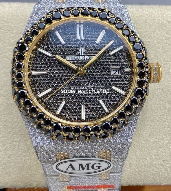 AMG-Factory-Audemars-Piguet-Royal-Oak-Selfwinding-15400-41.jpg AMG Factory Audemars Piguet Royal Oak Selfwinding 15400 41mm Black Diamond Bezel Full White Diamond Gold Steel Black Diamond Dial - Image 1