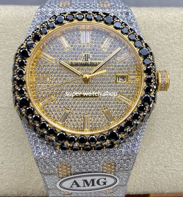 AMG-Factory-Audemars-Piguet-Royal-Oak-Selfwinding-15400-5.jpg AMG Factory Audemars Piguet Royal Oak Selfwinding 15400 41mm Black Diamond Bezel Full White Diamond Gold Steel Diamond Baguette Dial - Image 1