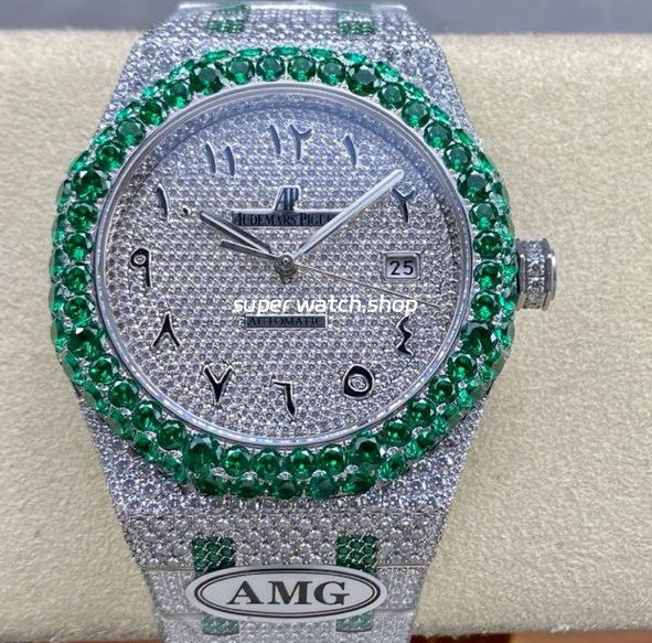 AMG-Factory-Audemars-Piguet-Royal-Oak-Selfwinding-5.jpg AMG Factory Audemars Piguet Royal Oak Selfwinding 15400 41mm Green Diamond Bezel Full Green White Diamond Steel Arabic Number Diamond Dial - Image 1
