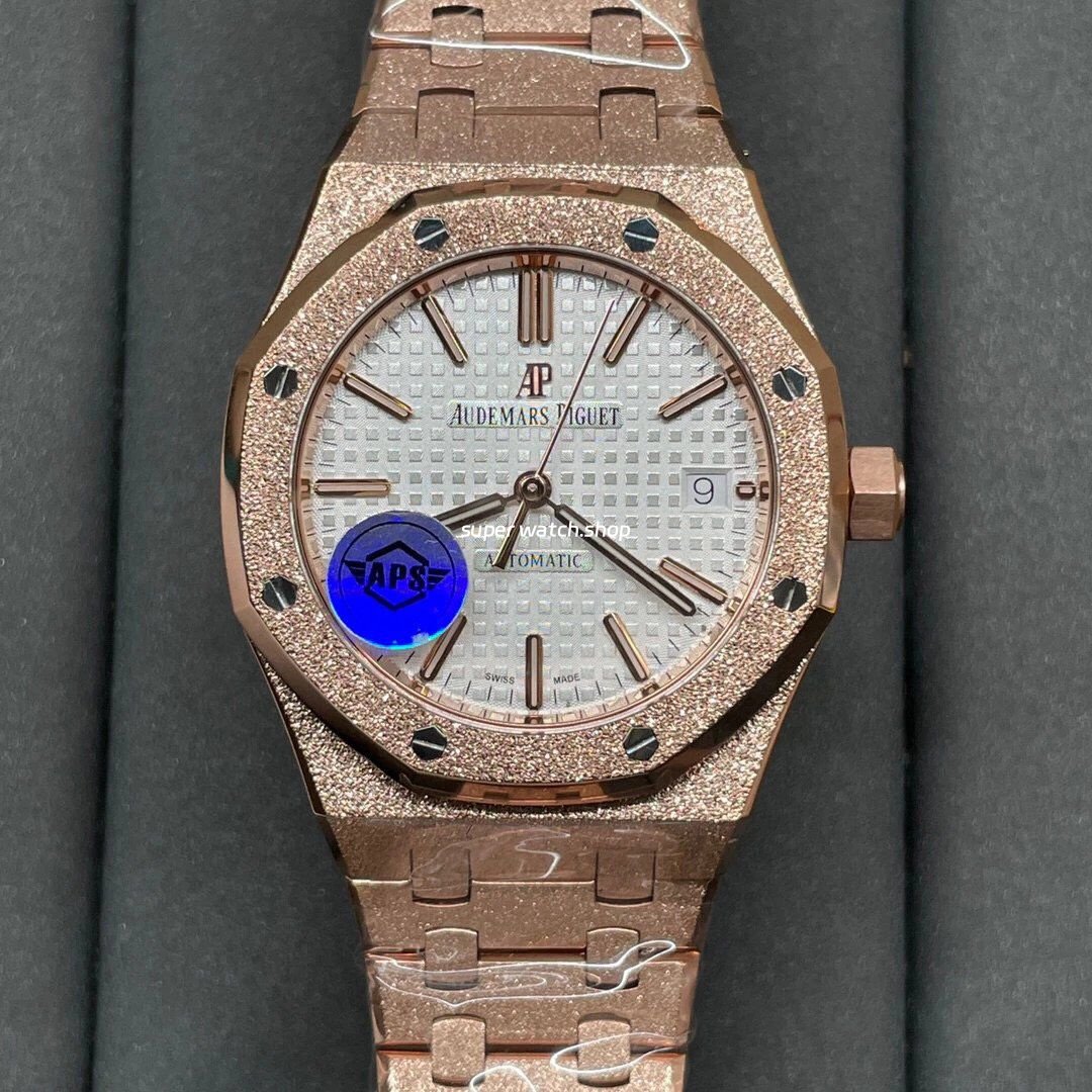 APS-Factory-Audemars-Piguet-Royal-Oak-Frosted-Selfw-6.jpg APS Factory Audemars Piguet Royal Oak Frosted Selfwinding 15454OR.GG.1259OR.01 37mm Full Frosted Rose Gold Dial Silver White Dial - Image 1