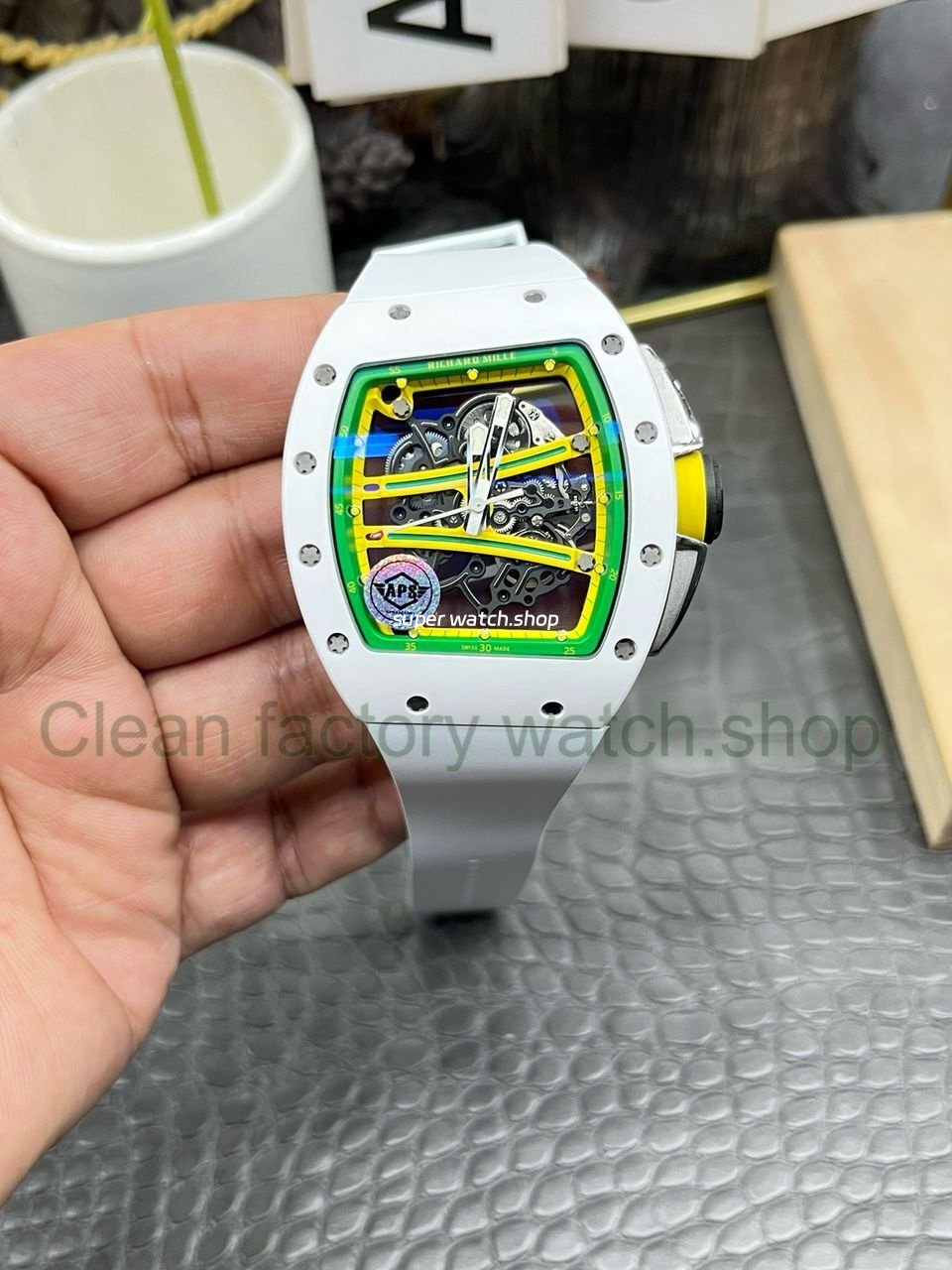APS-Factory-Richard-Mille-RM-061-01-White-Ceramic-Yohan-Blake-Skeletonized-Green-Dial-8.jpeg APS Factory Richard Mille RM 061-01 White Ceramic Yohan Blake Skeletonized Green Dial - Image 1