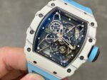 BBR Factory Richard Mille 42mm RM35-01 White Carbon Fiber Light Blue Canvas Strap White Skeletonized - Image 3