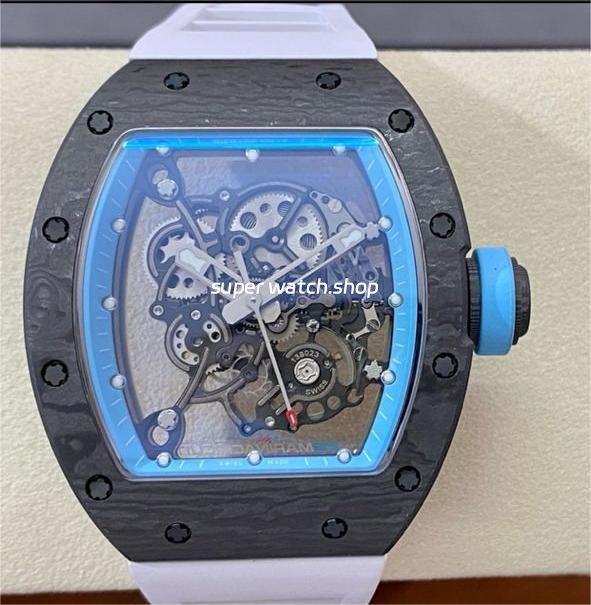 BBR-Factory-Richard-Mille-43mm-RM055-Black-Carbon-Fiber-White-Rubber-Strap-Light-Blue-Skel-7.jpg BBR Factory Richard Mille 43mm RM055 Black Carbon Fiber White Rubber Strap Light Blue Skeletonized Dial - Image 1