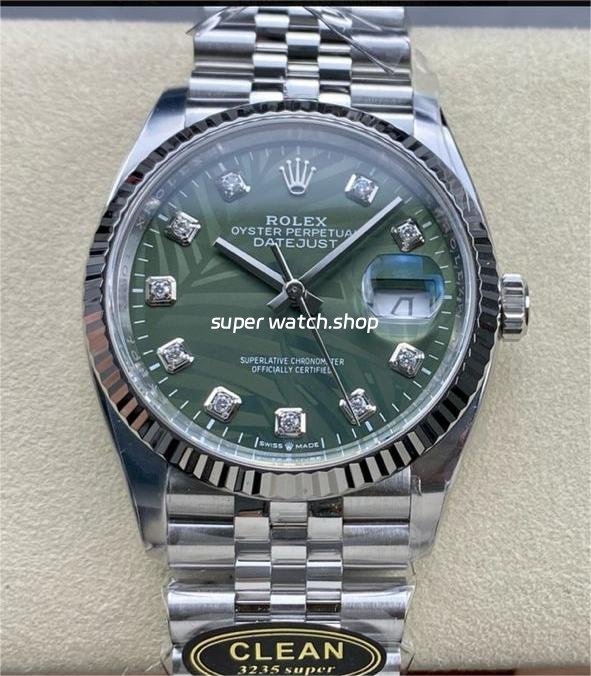 Clean-Factory-Rolex-Datejust-126234-0055-36mm-Full-904L-Diamond-Olive-7.jpg Clean Factory Rolex Datejust 126234-0055 36mm Full 904L Diamond Olive Green Palm Motif Dial Jubilee - Image 1