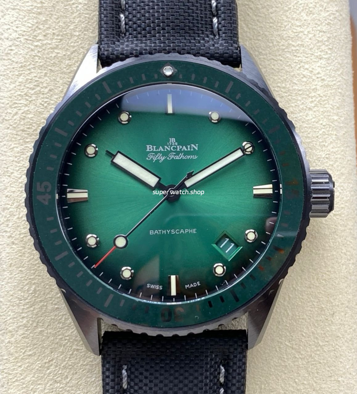 GF-Factory-Blancpain-Fifty-Fathoms-Bathyscaphe-5000-0153-01S-43mm-Ceramic-Textile-Strap-Green-Dial-1.jpeg GF Factory Blancpain Fifty Fathoms Bathyscaphe 5000 0153 01S 43mm Ceramic Textile Strap Green Dial - Image 1