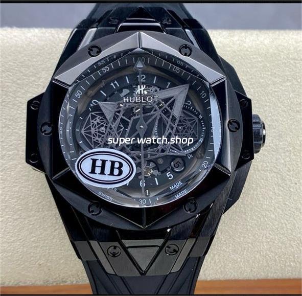 HB-Factory-Hublot-Big-Bang-Sang-Bleu-418.CX_.1114.RX_.MXM20-45mm-Ceramic-Blac-1.jpg HB Factory Hublot Big Bang Sang Bleu 418.CX.1114.RX.MXM20 45mm Ceramic Black Rubber Strap Grey Needle Skeletonized Black Dial - Image 1