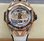 HB Factory Hublot Big Bang Sang Bleu 418.OX.2001.RX.1604.MXM20 45mm Rose Gold Diamond White Rubber Strap Skeletonized White Dial