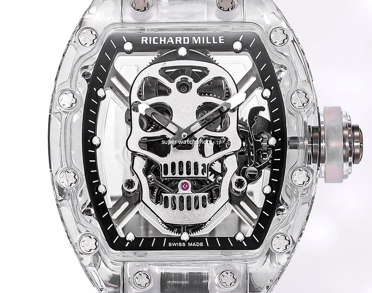 MS-Factory-Richard-Mille-RM052-44mm-Clear-Sapphire-Crystal-Emulsion-Rubber-Strap-Skeletoni-8.jpg MS Factory Richard Mille RM052 44mm Clear Sapphire Crystal Emulsion Rubber Strap Skeletonized Skull Black Dial - Image 1