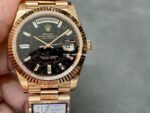 QF Factory Counterweight Rolex Day-Date 228235-0045 40mm Full Rose Gold Baguette Diamond Black Dial