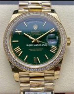 QF Factory Counterweight Rolex Day-Date 228348RBR-0045 40mm Diamond Bezel Full Yellow Gold Roman Number Green Dial