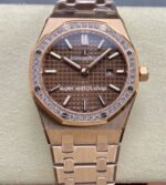 ZF Factory Audemars Piguet Royal Oak Lady 33mm Diamond Bezel Full Rose Gold Brown Dial